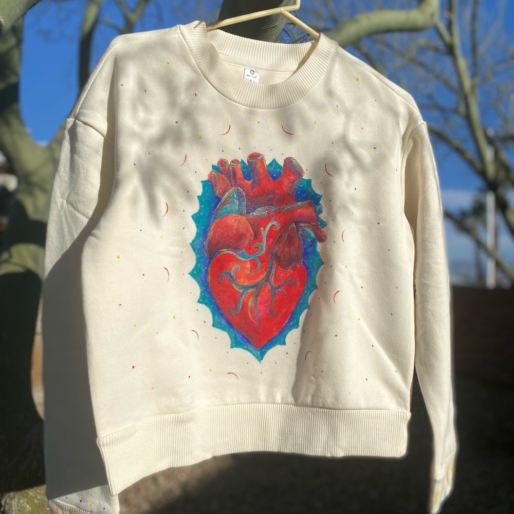 Artistic Heart Print Cream Sweater